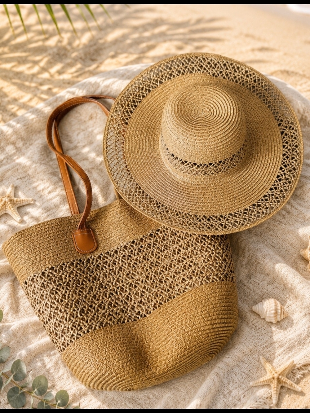 2- Set Straw Beach Tote Bag & Hat with Leather Handles - Natural Brown